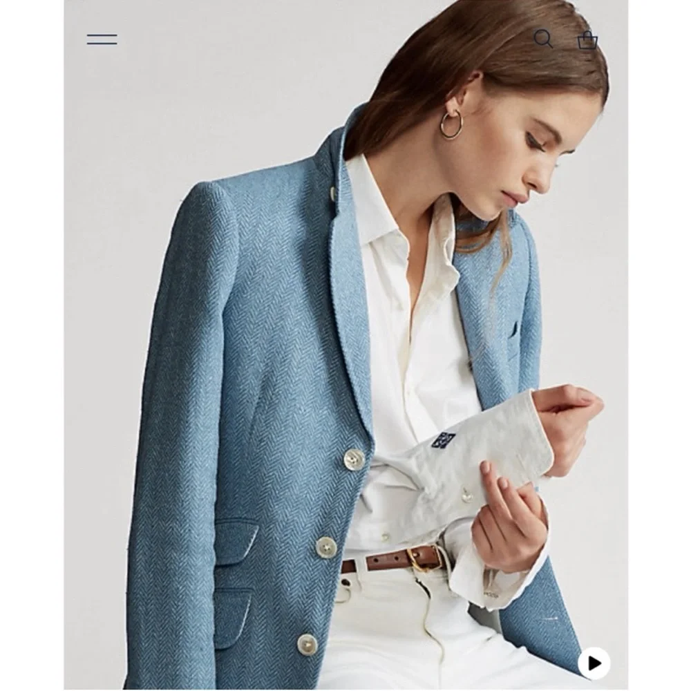 New Polo Ralph Lauren Blazer Blue Herringbone Linen Silk - Picture 2 of 15
